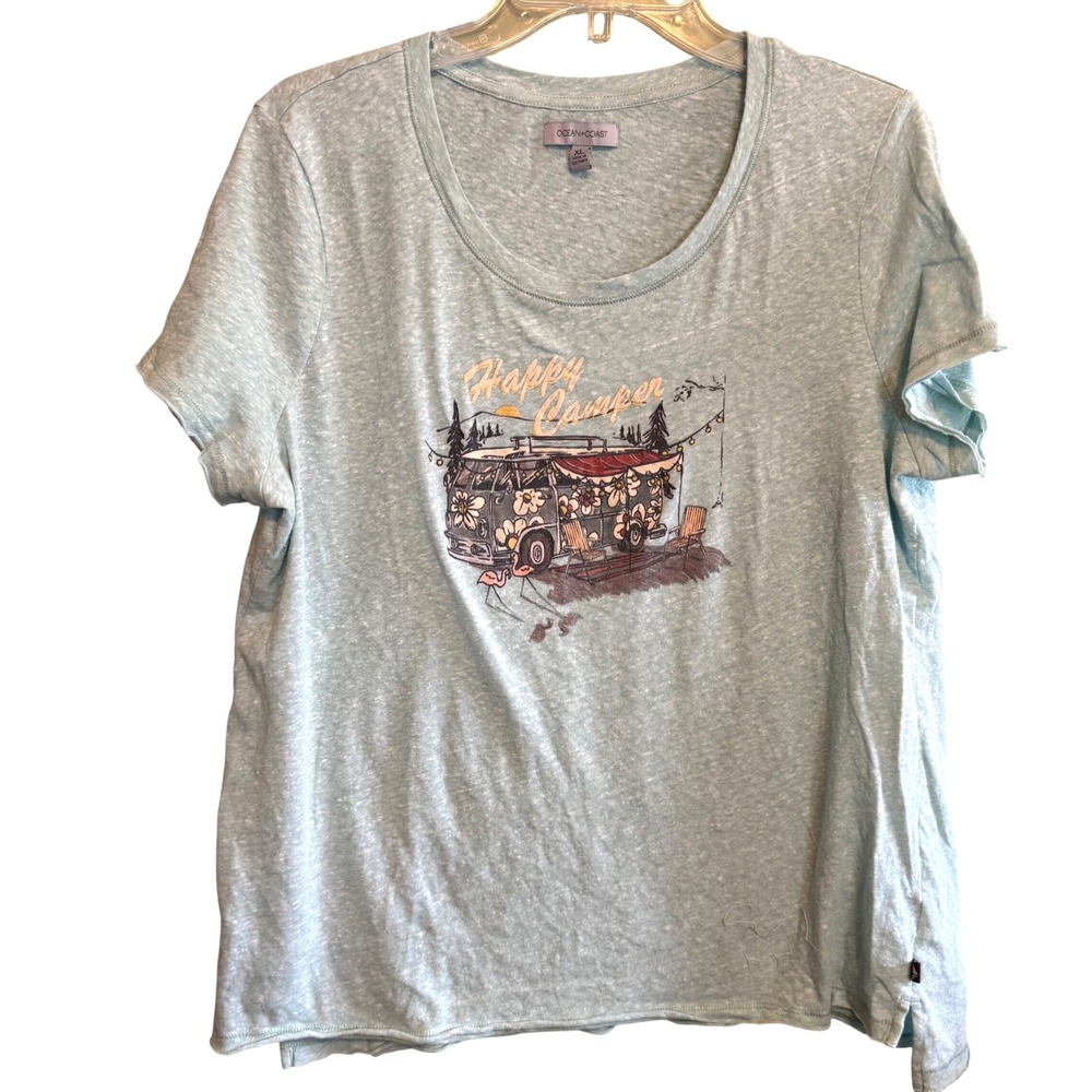 Ocean Coast Happy Camper Graphic Tee XL Heather Blue Vintage Van Flamingos Shirt